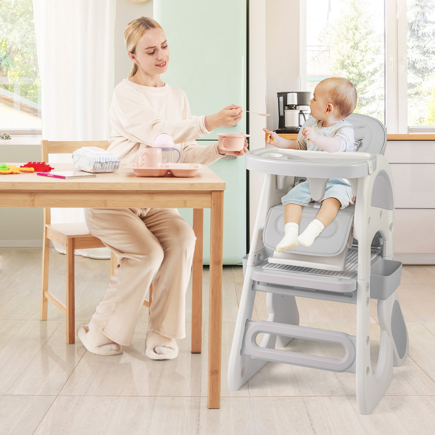 Convertible Baby High Chair with Double-layer Tray and Adjustable Backrest-Grey, Gray High Chairs at Gallery Canada