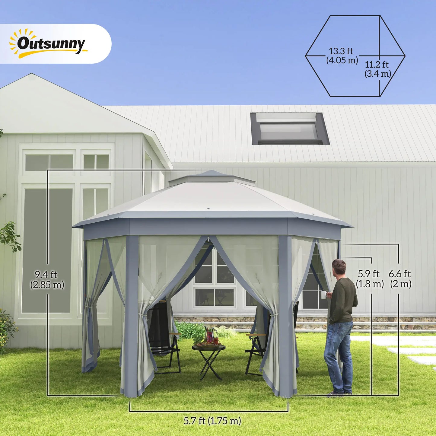 13' x 13' Hexagon Pop Up Canopy Tent, Netting, Carry Bag, Grey Pop Up Canopies at Gallery Canada