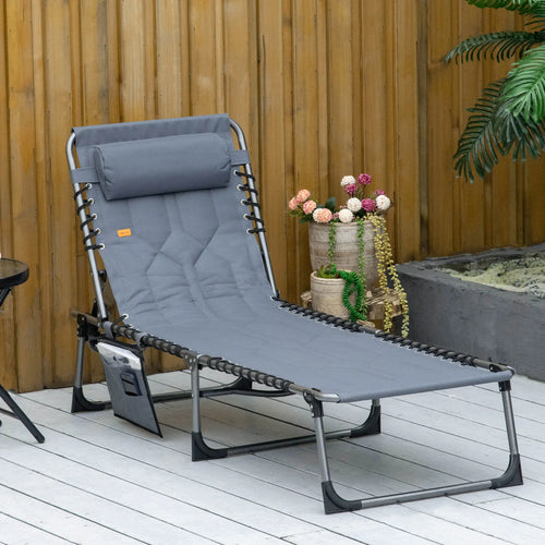 Outdoor Lounge Chair, Folding Chaise, Adjustable Backrest, Pillow, Pocket, Grey