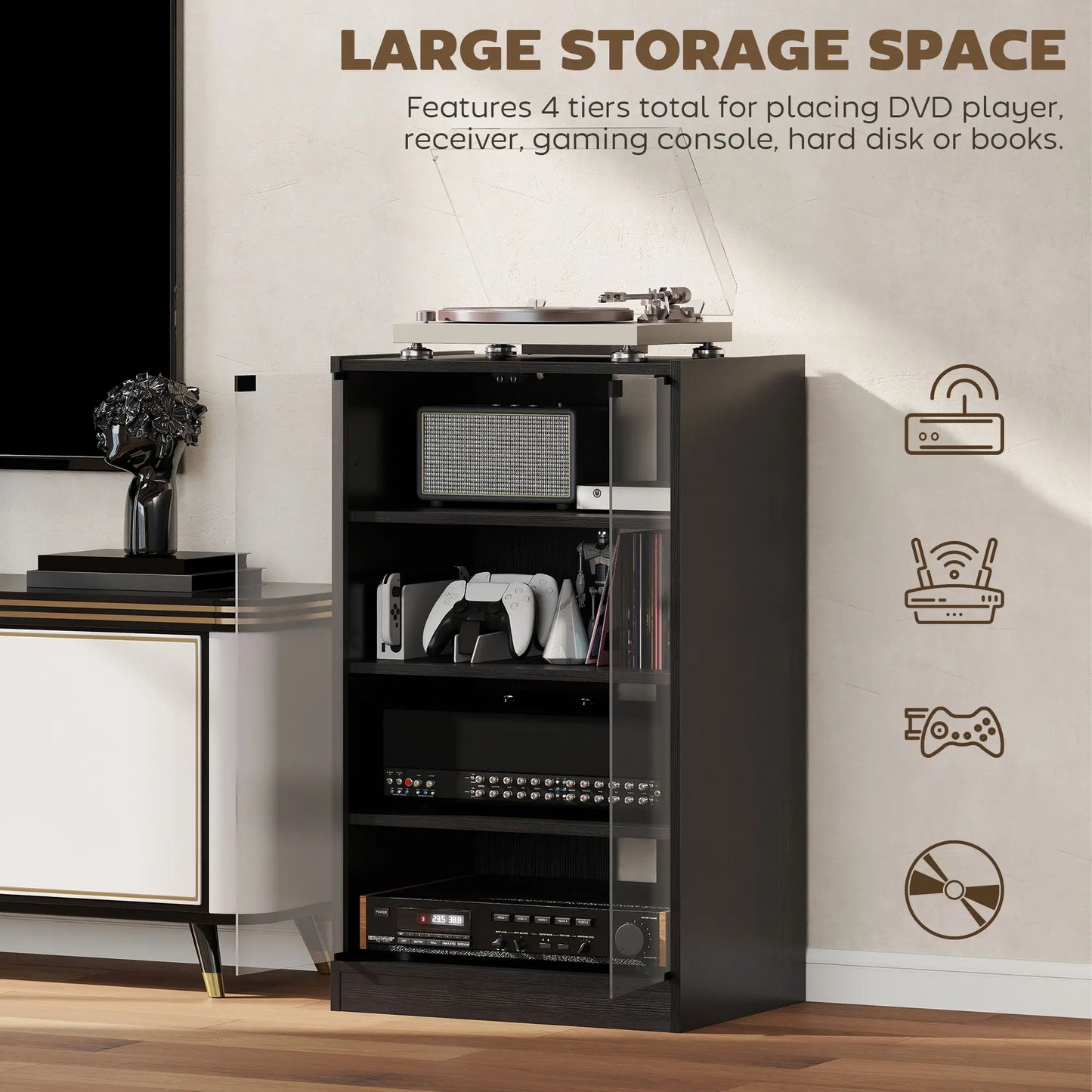 5-Tier AV Media Stand, Push Open Glass Doors, Adjustable Shelves, Distressed, Black Storage Cabinets at Gallery Canada