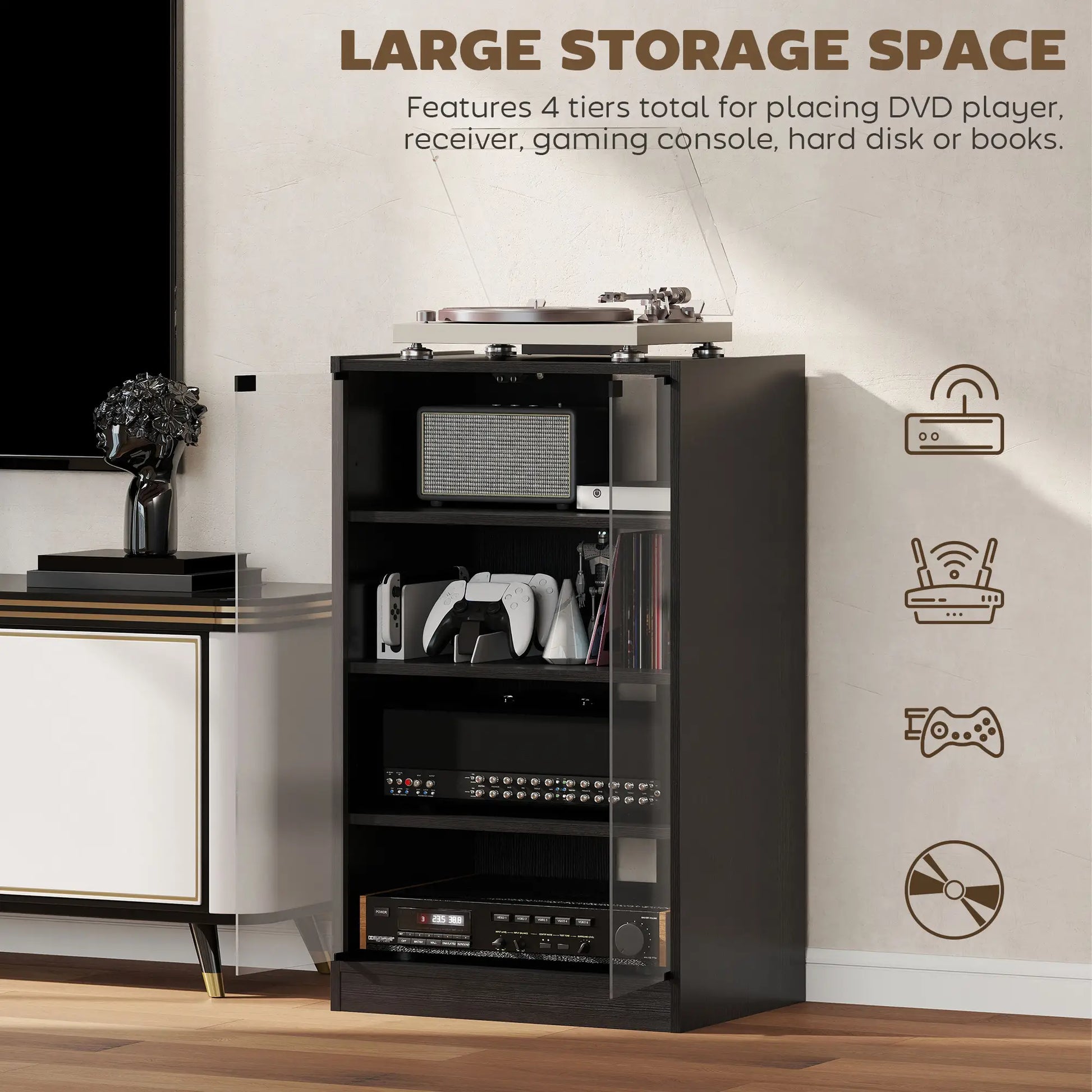 5-Tier AV Media Stand, Push Open Glass Doors, Adjustable Shelves, Distressed, Black Storage Cabinets at Gallery Canada