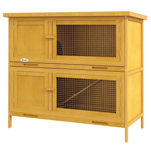 Wood Rabbit Hutch, 2 Large Main House, Ramp, Trays, Yellow
