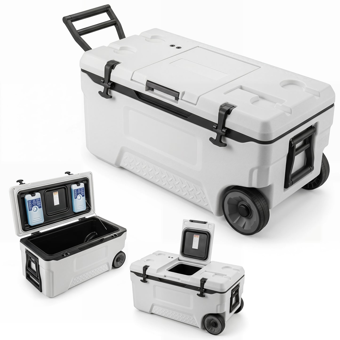 74 Quart Portable Rolling Cooler with Fish Ruler, White