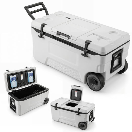 74 Quart Portable Rolling Cooler with Fish Ruler, White
