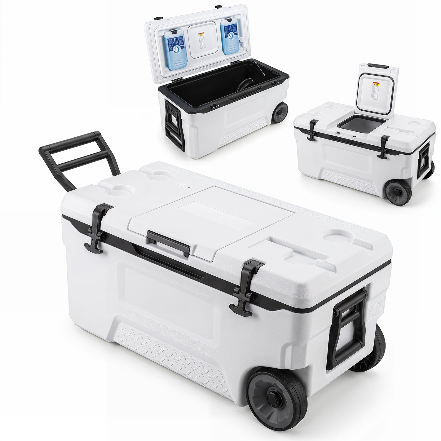 74 Quart Portable Rolling Cooler with Fish Ruler, White Coolers at Gallery Canada