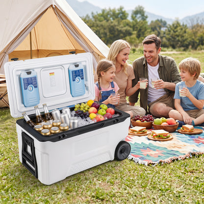 74 Quart Portable Rolling Cooler with Fish Ruler, White Coolers at Gallery Canada