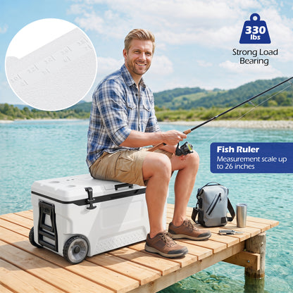 74 Quart Portable Rolling Cooler with Fish Ruler, White Coolers at Gallery Canada