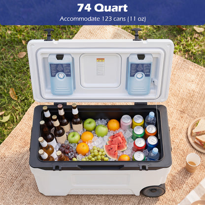 74 Quart Portable Rolling Cooler with Fish Ruler, White Coolers at Gallery Canada