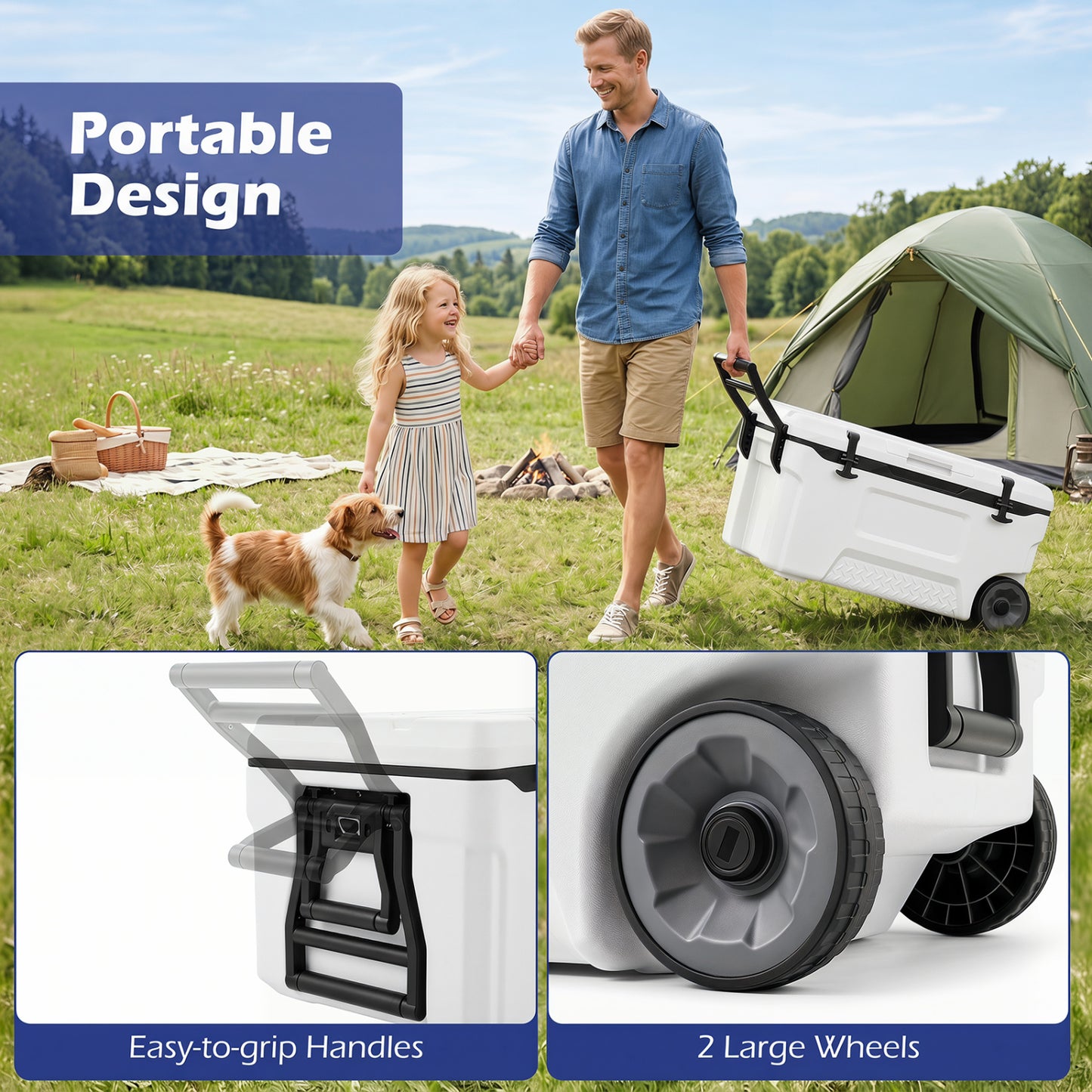 74 Quart Portable Rolling Cooler with Fish Ruler, White Coolers at Gallery Canada
