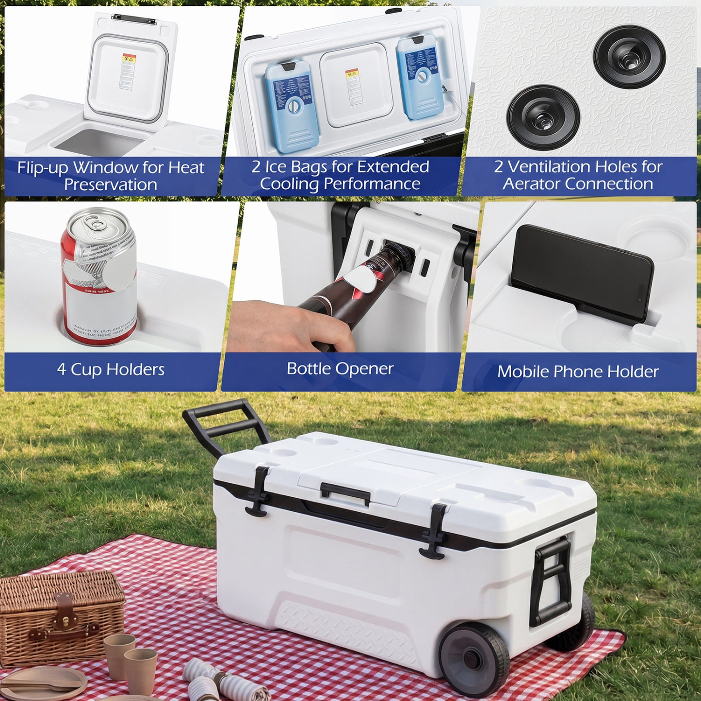 74 Quart Portable Rolling Cooler with Fish Ruler, White Coolers at Gallery Canada