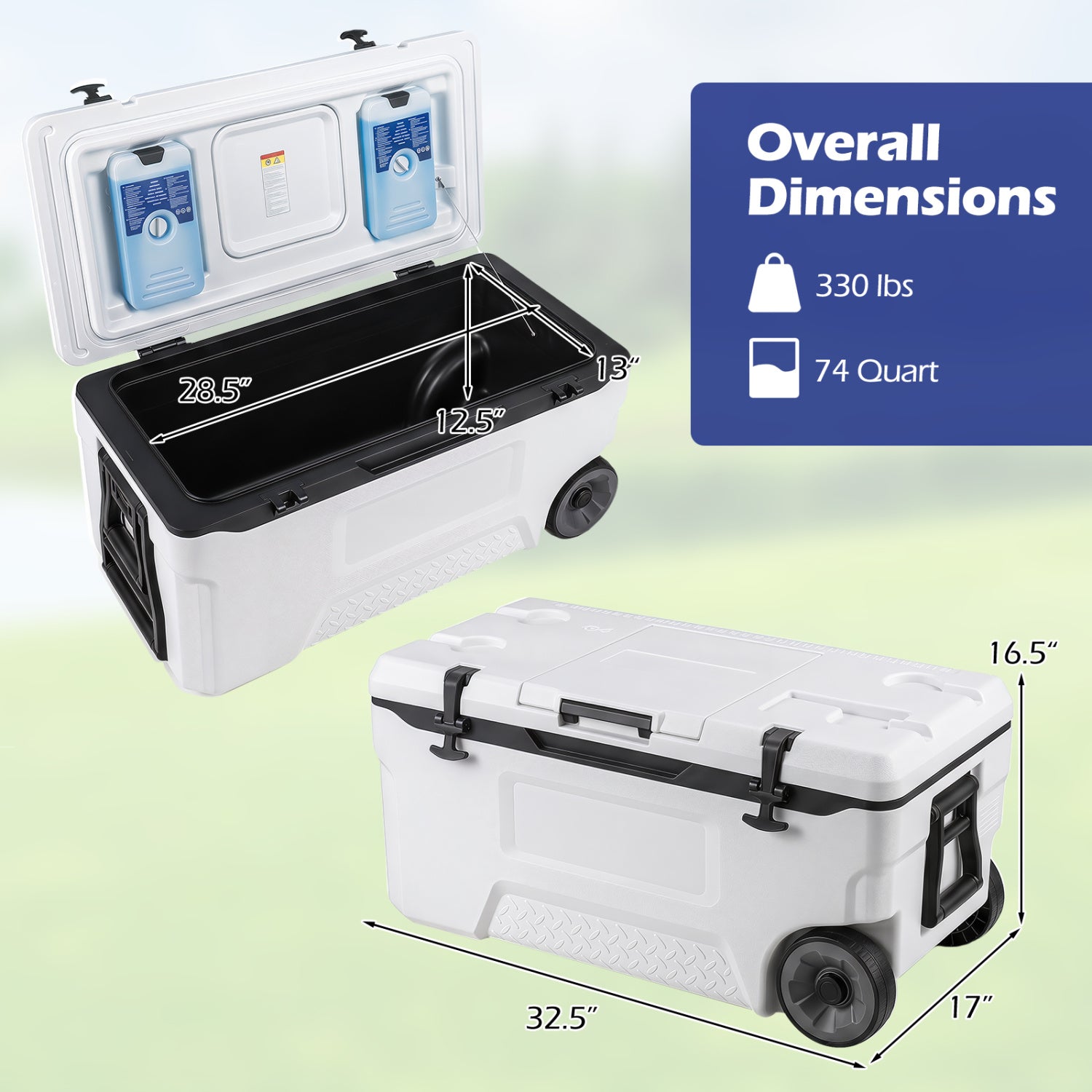 74 Quart Portable Rolling Cooler with Fish Ruler, White Coolers at Gallery Canada