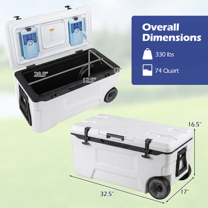 74 Quart Portable Rolling Cooler with Fish Ruler, White Coolers at Gallery Canada