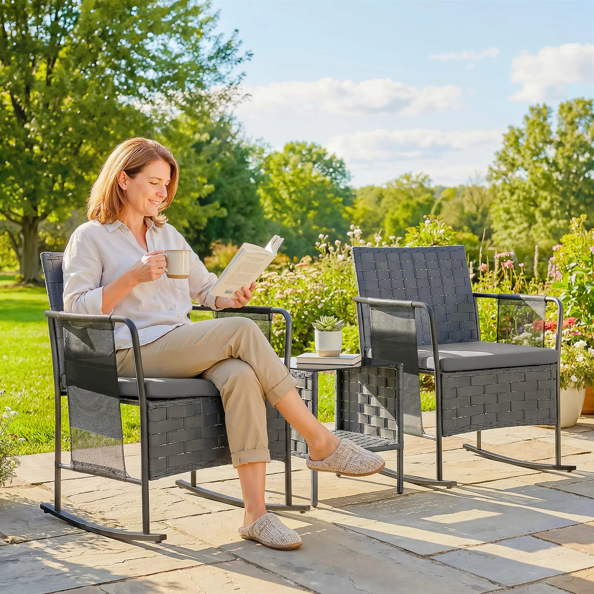 3-Piece Rocking Bistro Set, Mesh Seat, Cushions, 2-Tier Table, Grey Bistro Sets at Gallery Canada