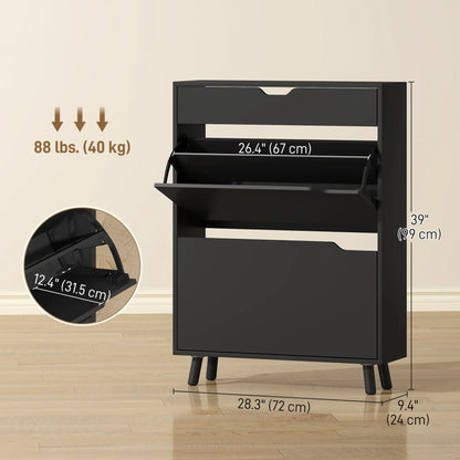 Narrow Shoe Cabinet, 2 Flip Drawers, Top Drawer, Adjustable Shelves, Black Shoe Storage Cabinets & Racks at Gallery Canada
