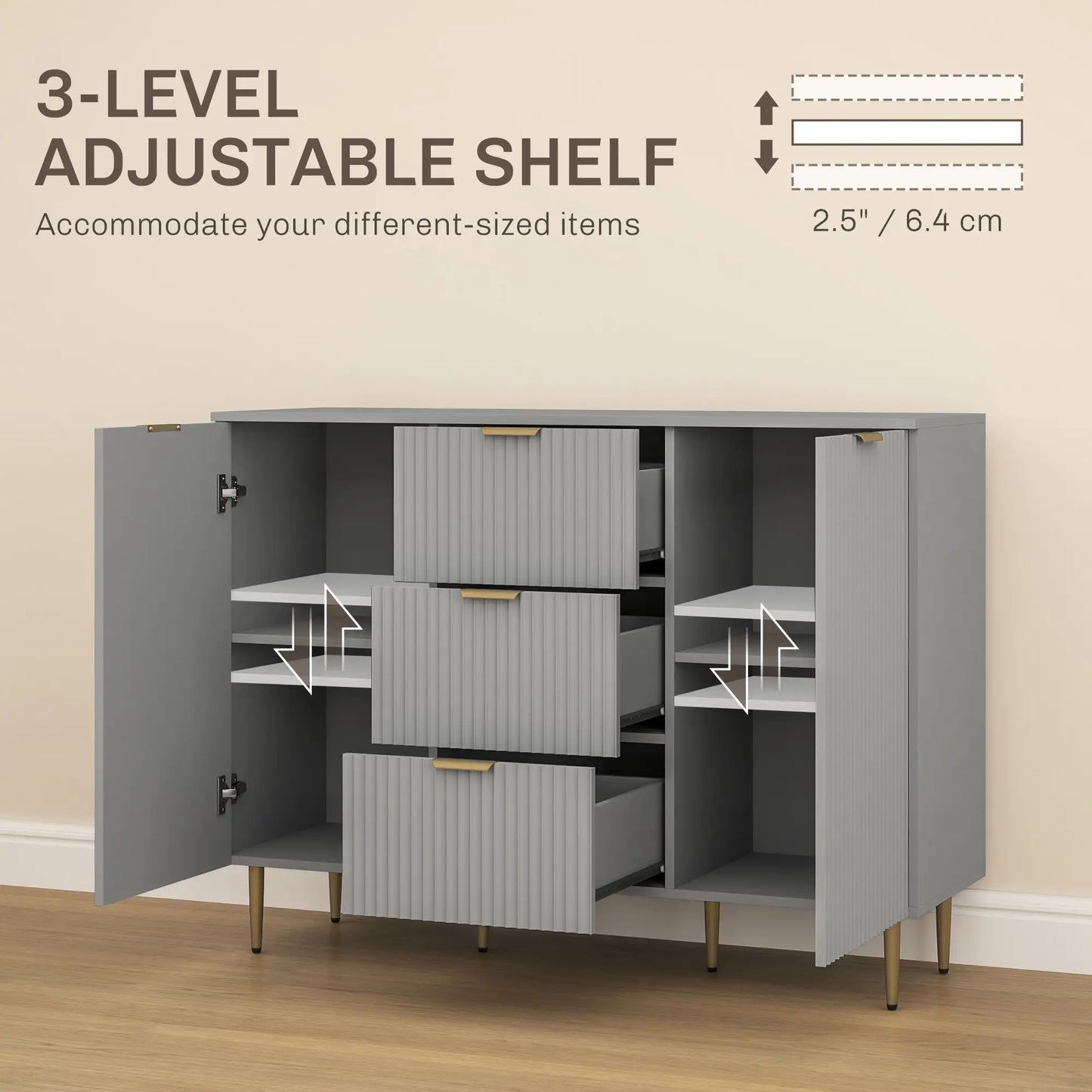 Modern Kitchen Storage Cabinet, 3 Drawers, Adjustable Shelves, Grey Bar Cabinets at Gallery Canada