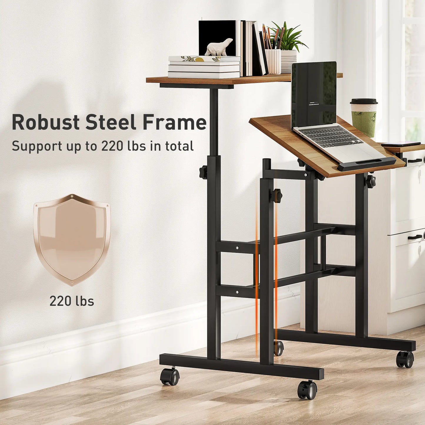 Mobile Stand Up Desk, Height Angle Adjustable, Wheels, Brown Computer Desks at Gallery Canada