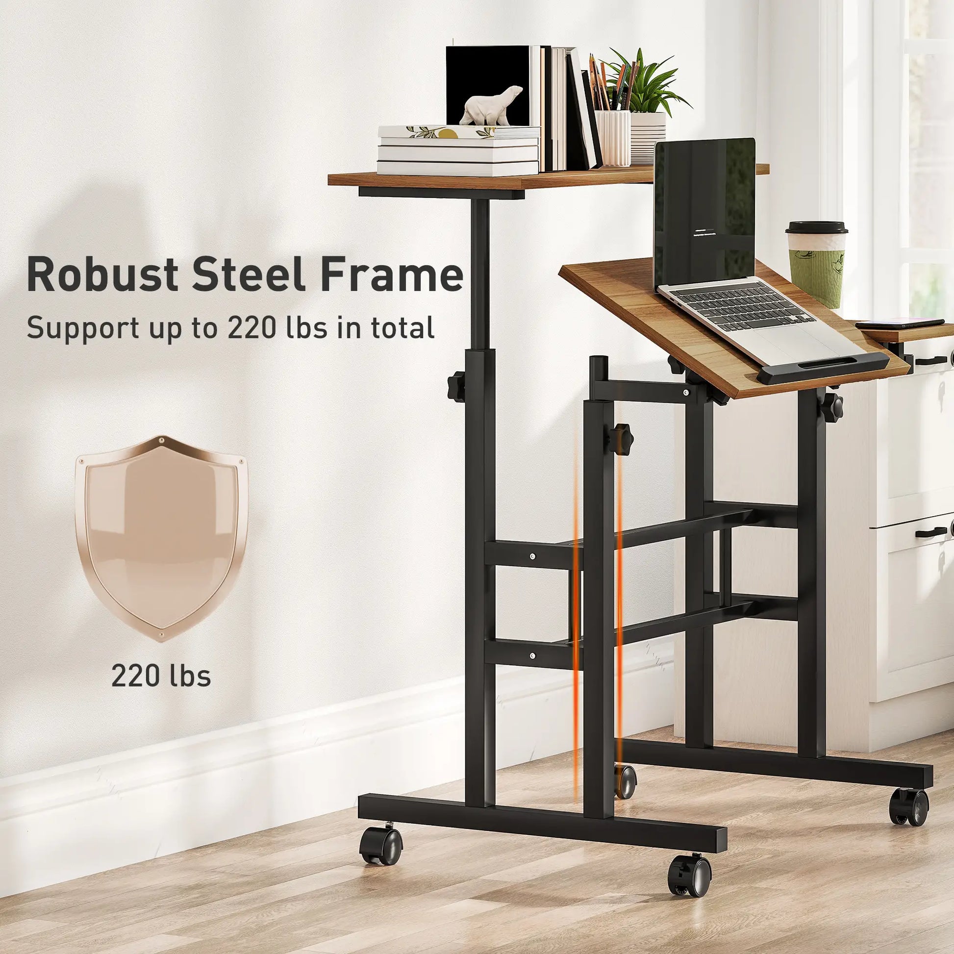 Mobile Stand Up Desk, Height Angle Adjustable, Wheels, Brown Computer Desks at Gallery Canada