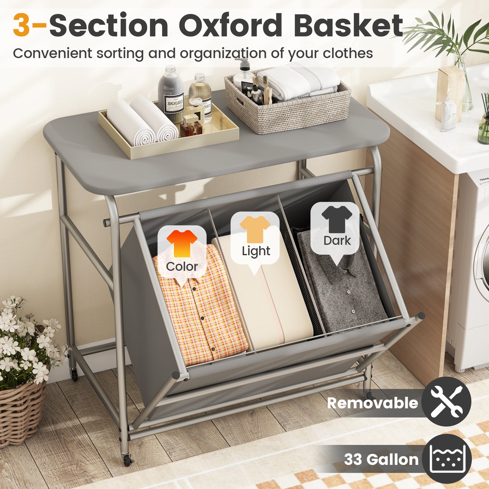 3-Section Laundry Sorter with Foldable Ironing Board and Lockable Wheels, Gray Laundry Baskets at Gallery Canada
