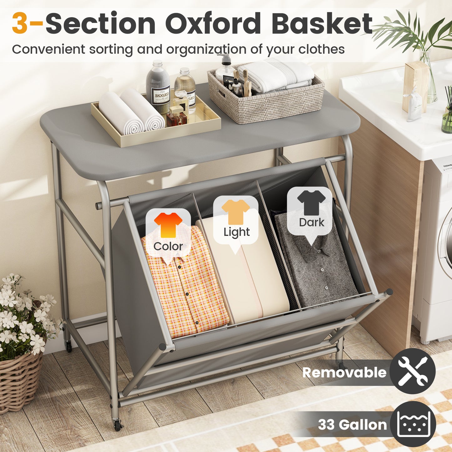 3-Section Laundry Sorter with Foldable Ironing Board and Lockable Wheels, Gray Laundry Baskets at Gallery Canada