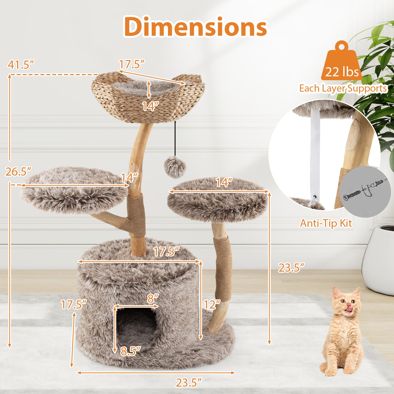 Wood Cat Tree Solid Pear Cat Tree with Perch and Sisal Scratching Posts, Brown Cat Trees Condos & Scratchers at Gallery Canada