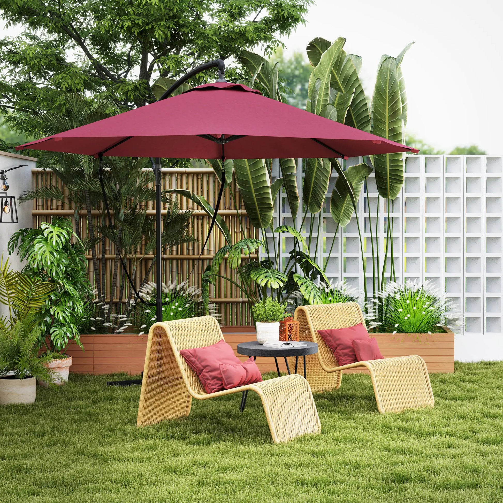 9.5' Cantilever Umbrella, Wind Protection, Crank, Cross Base, UPF 50+, Red Offset Cantilever Umbrellas at Gallery Canada