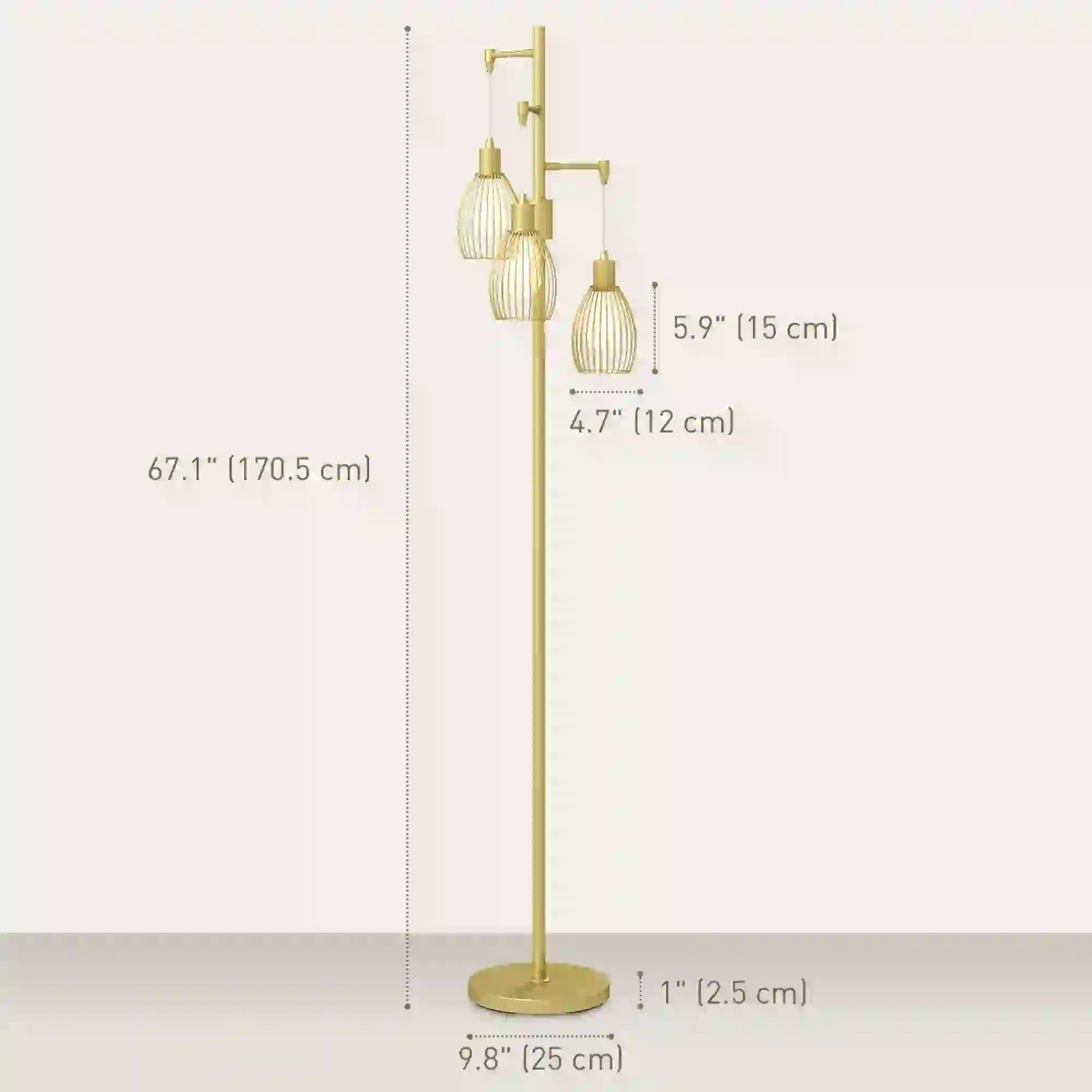 Industrial Floor Lamp, 3 Hanging Wire Lampshades, Dimmable, Gold Floor Lamps & Ceiling Fan Lights at Gallery Canada