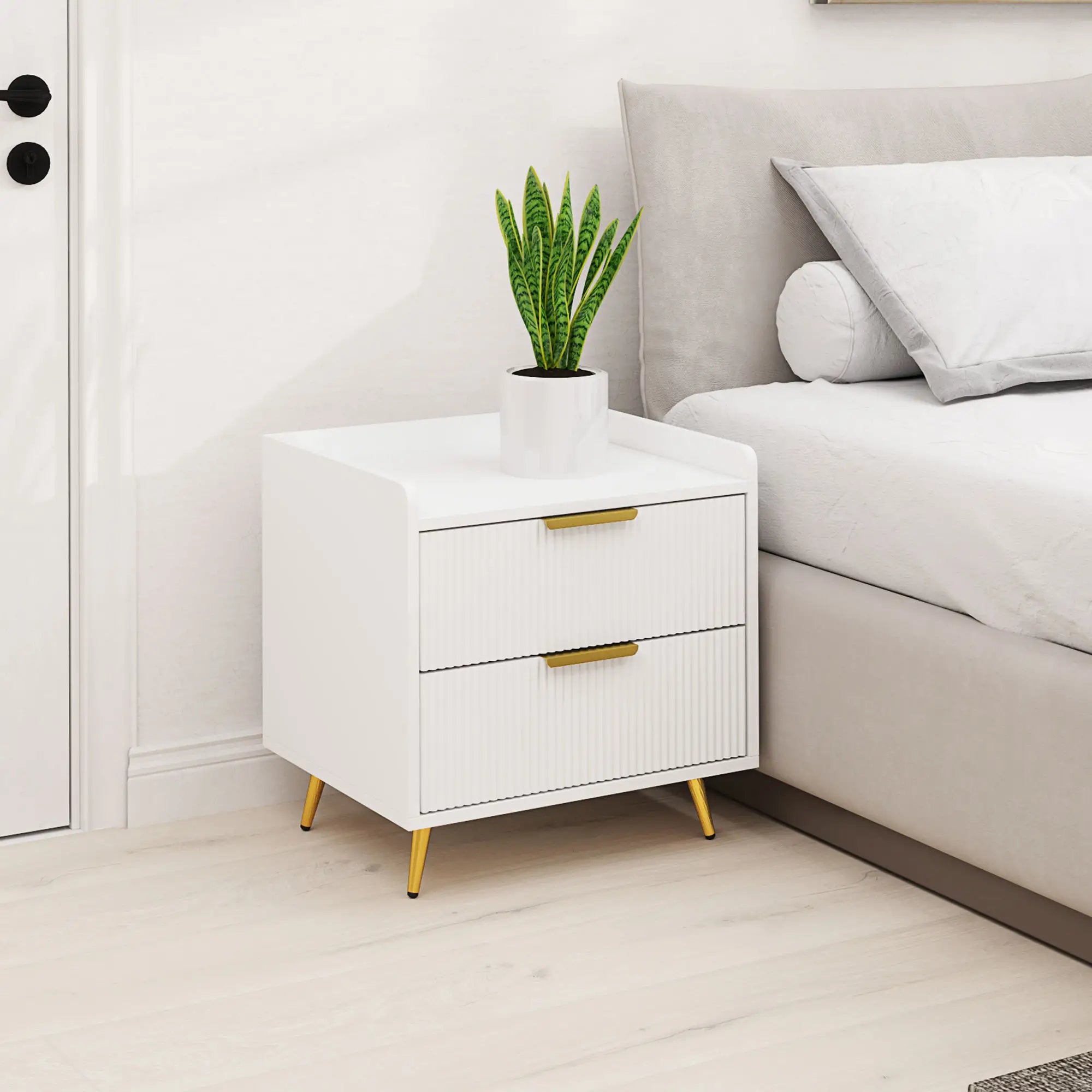 Bedside Table, Nightstand with 2 Drawers, Metal Legs, White Bedside Tables at Gallery Canada