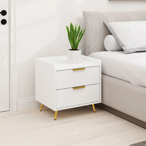 Bedside Table, Nightstand with 2 Drawers, Metal Legs, White