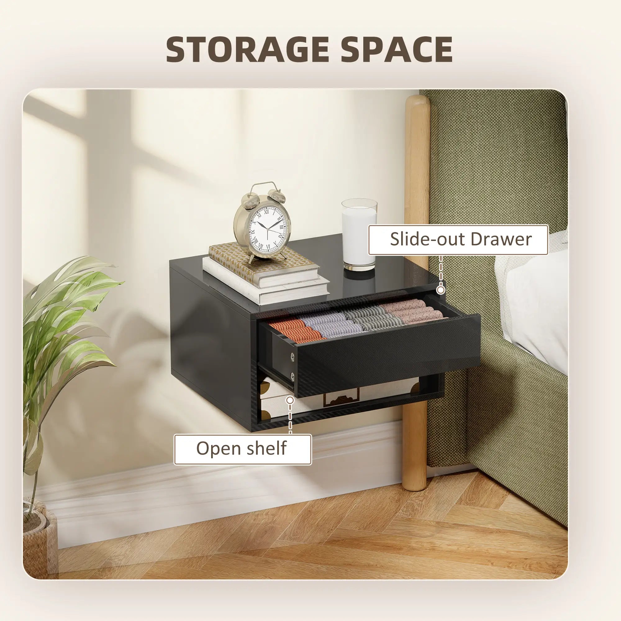 Floating Bedside Tables, Wall-Mounted Nightstand, High Gloss Black Bedside Tables at Gallery Canada
