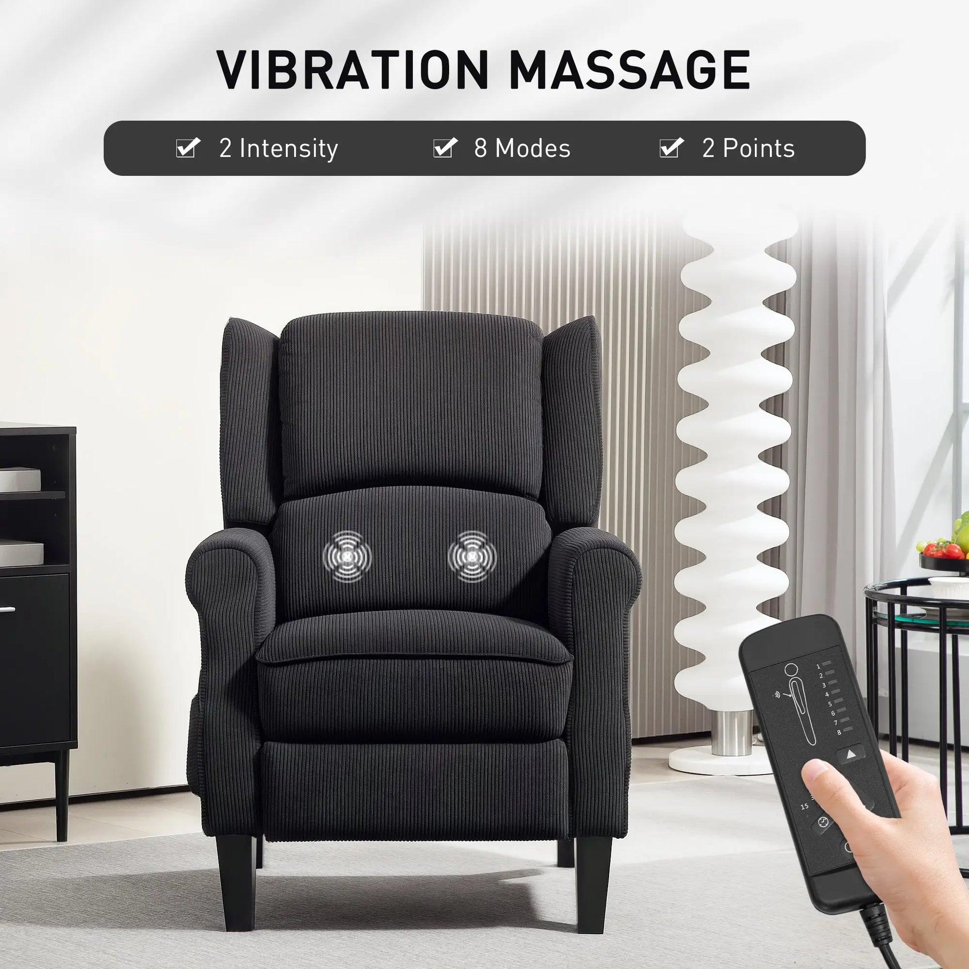 Push Back Recliner Chair, Vibration Massage, Extendable Footrest, Remote, Pocket, Black Sofas & Reclining Chairs at Gallery Canada