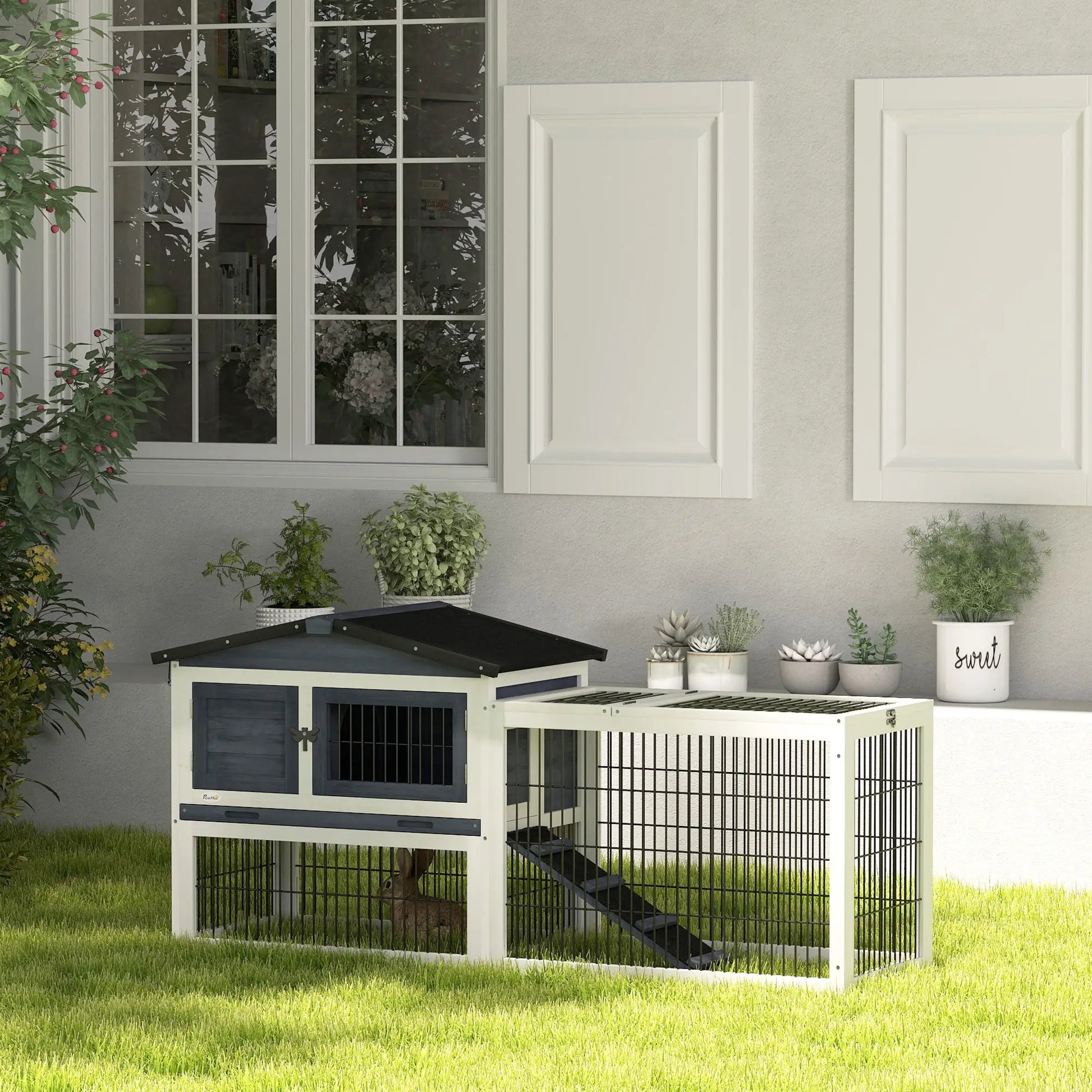 Wood Rabbit Hutch With Ramp, Openable Roof, Pull Out Tray, Dark Grey Rabbit Hutch at Gallery Canada