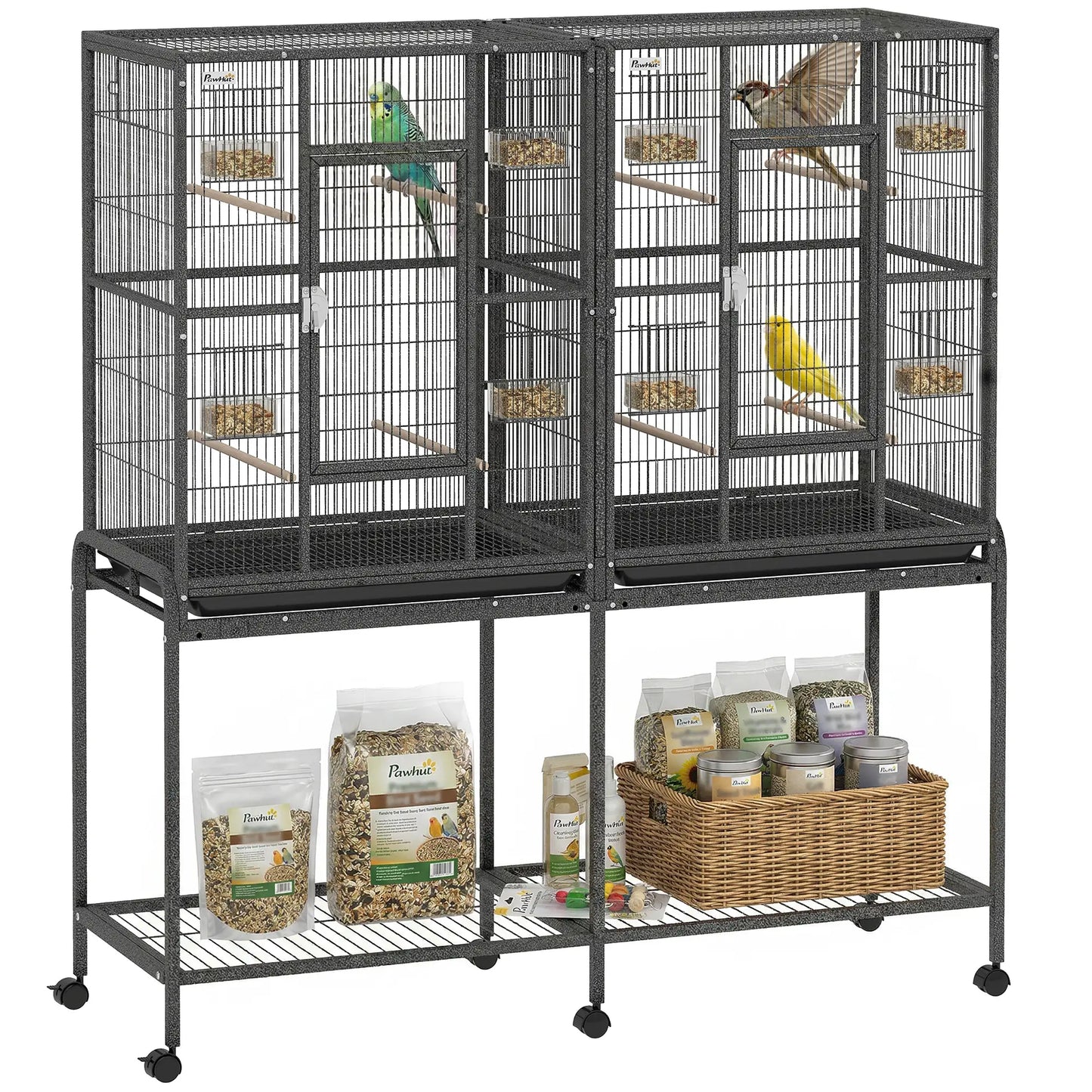 56"H Bird Cage, Parrot Cage w/ Detachable Rolling Stand, Removable Tray, Storage Shelf, Perches, Food Container Bird Cages at Gallery Canada