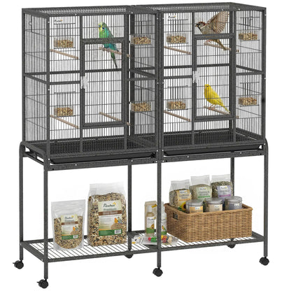 56"H Bird Cage, Parrot Cage w/ Detachable Rolling Stand, Removable Tray, Storage Shelf, Perches, Food Container Bird Cages at Gallery Canada