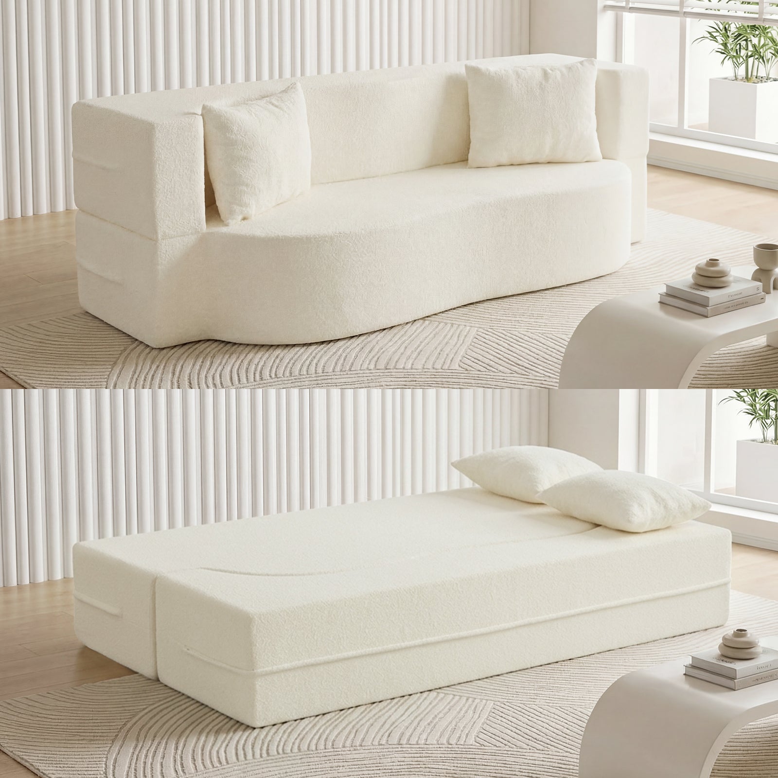 75.5 Inch Folding Sofa Bed, 2-in-1 Convertible Teddy Fleece Loveseat, Beige Sofas & Loveseats at Gallery Canada