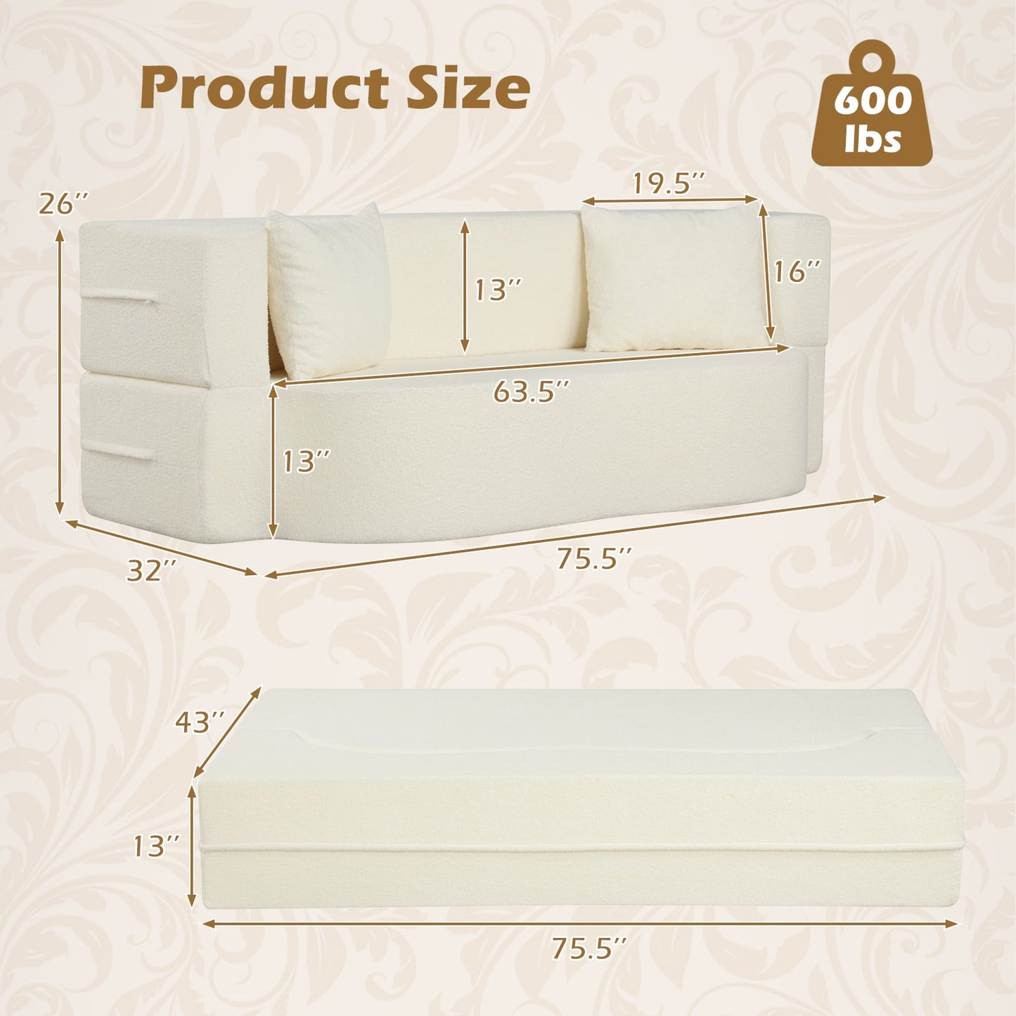 75.5 Inch Folding Sofa Bed, 2-in-1 Convertible Teddy Fleece Loveseat, Beige Sofas & Loveseats at Gallery Canada