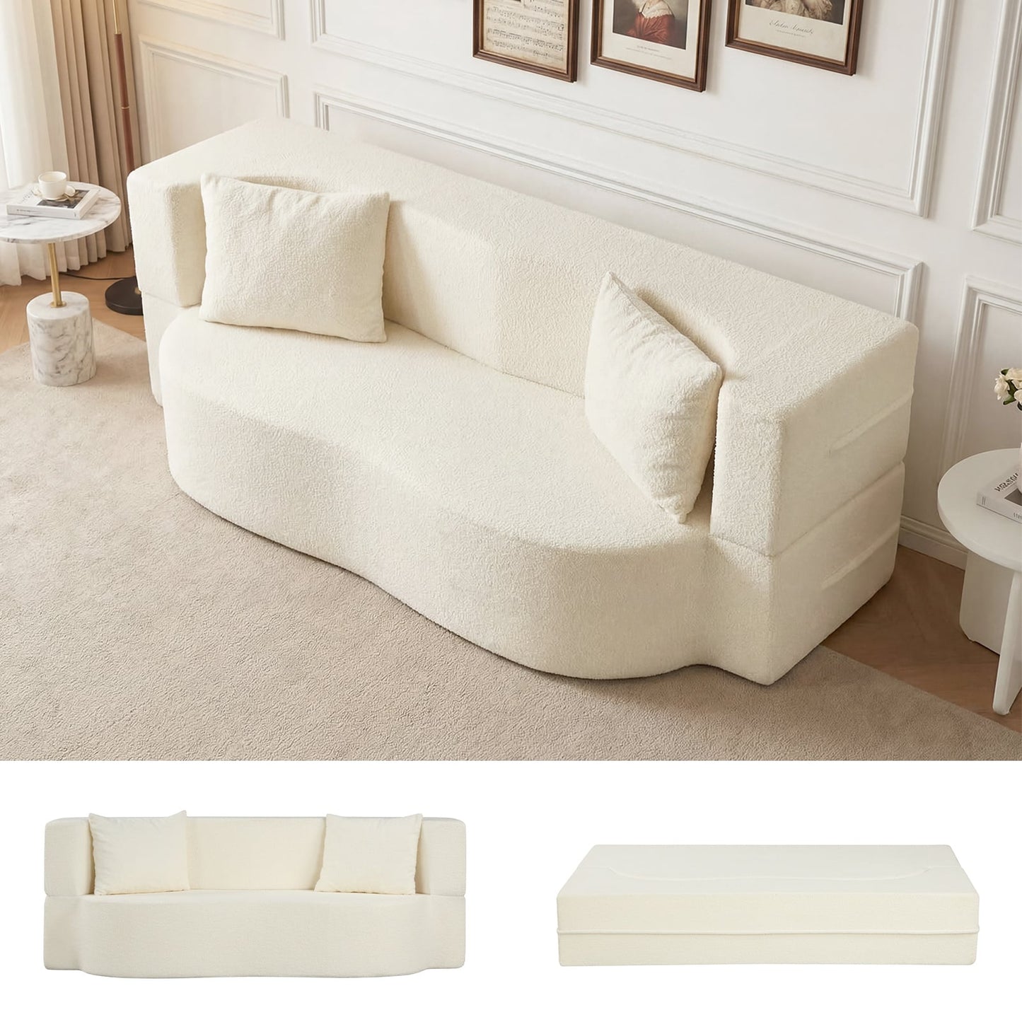 75.5 Inch Folding Sofa Bed, 2-in-1 Convertible Teddy Fleece Loveseat, Beige Sofas & Loveseats at Gallery Canada