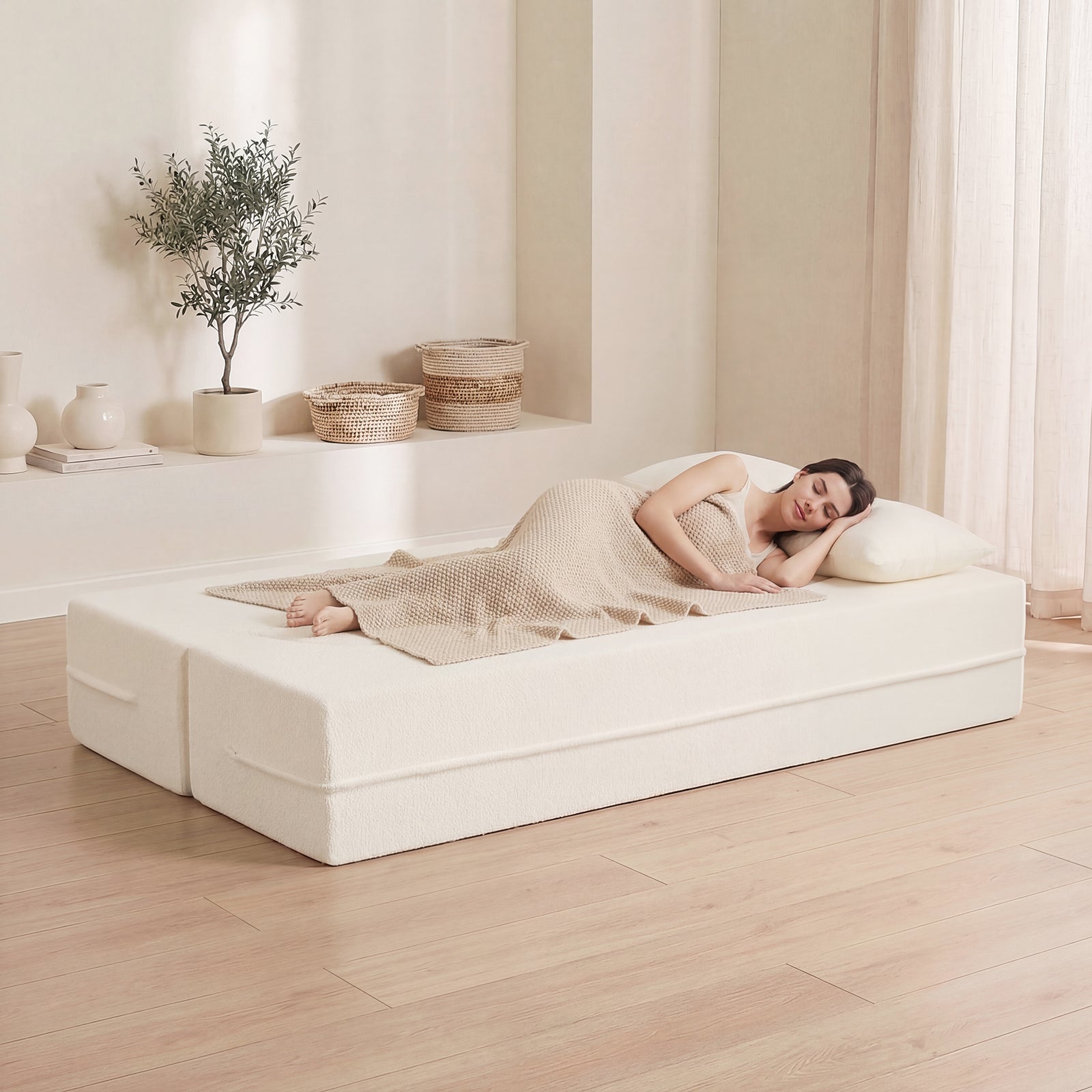 75.5 Inch Folding Sofa Bed, 2-in-1 Convertible Teddy Fleece Loveseat, Beige Sofas & Loveseats at Gallery Canada