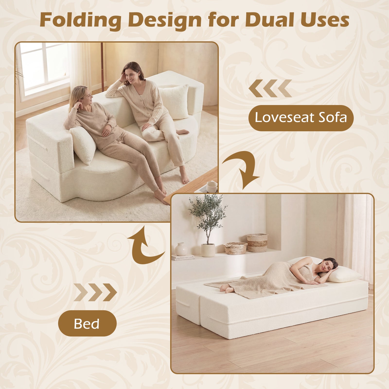75.5 Inch Folding Sofa Bed, 2-in-1 Convertible Teddy Fleece Loveseat, Beige Sofas & Loveseats at Gallery Canada