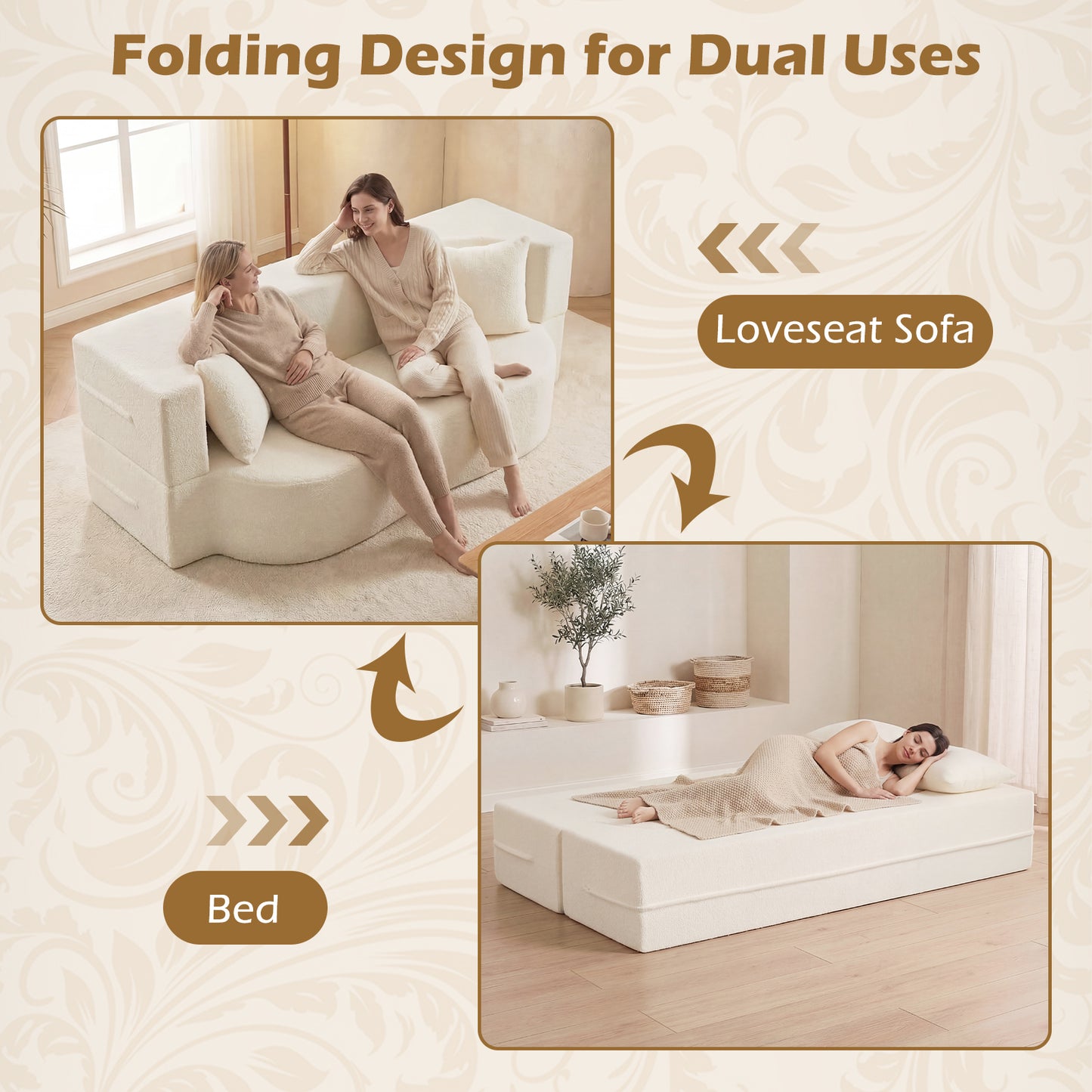 75.5 Inch Folding Sofa Bed, 2-in-1 Convertible Teddy Fleece Loveseat, Beige Sofas & Loveseats at Gallery Canada