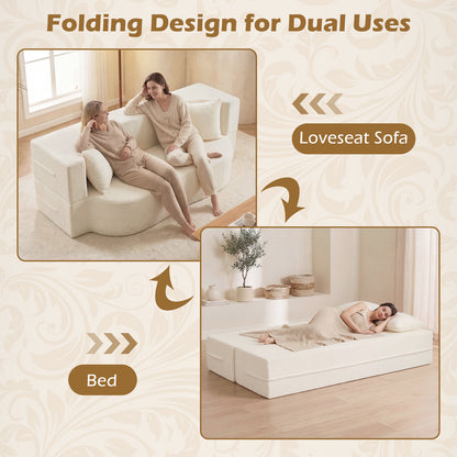 75.5 Inch Folding Sofa Bed, 2-in-1 Convertible Teddy Fleece Loveseat, Beige Sofas & Loveseats at Gallery Canada