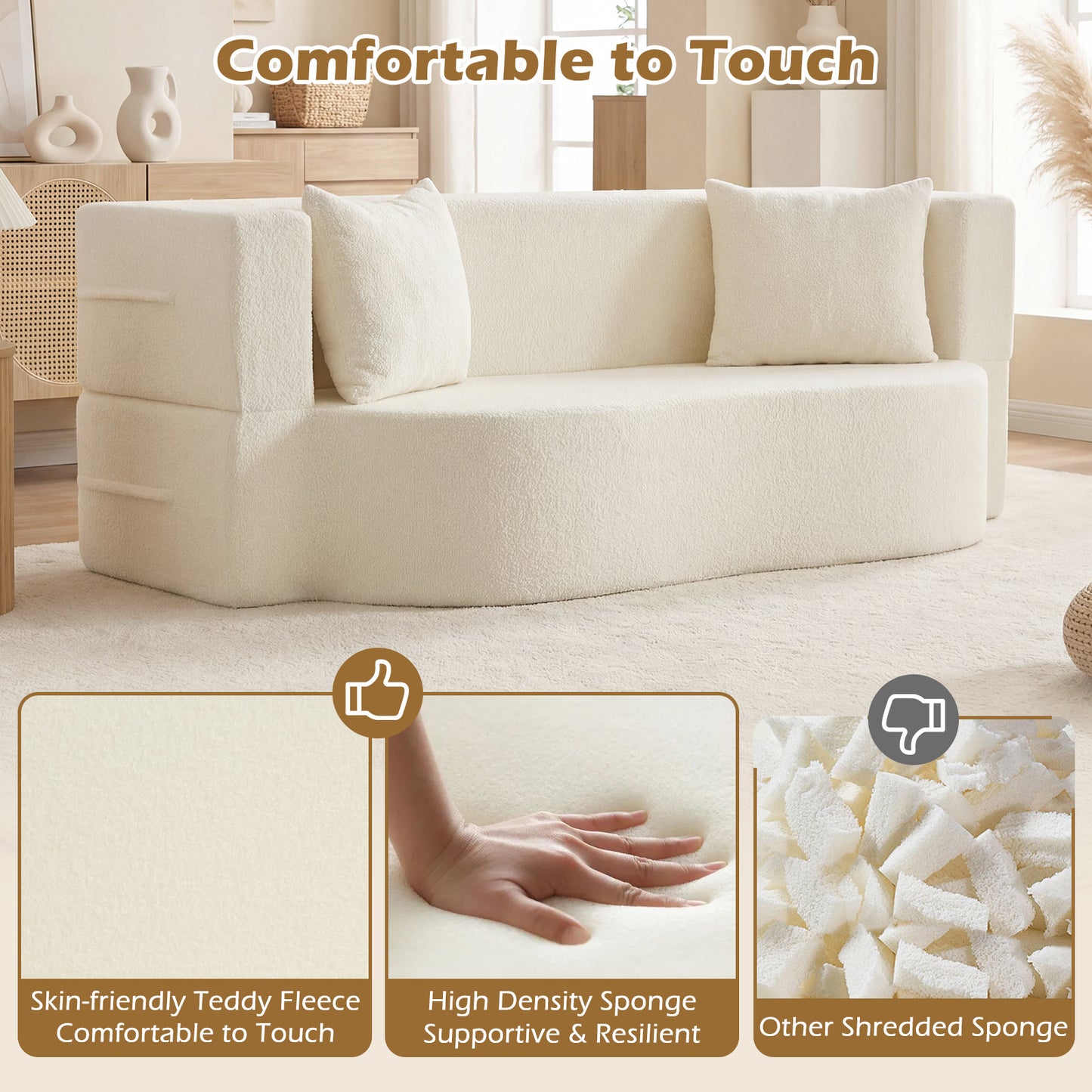 75.5 Inch Folding Sofa Bed, 2-in-1 Convertible Teddy Fleece Loveseat, Beige Sofas & Loveseats at Gallery Canada
