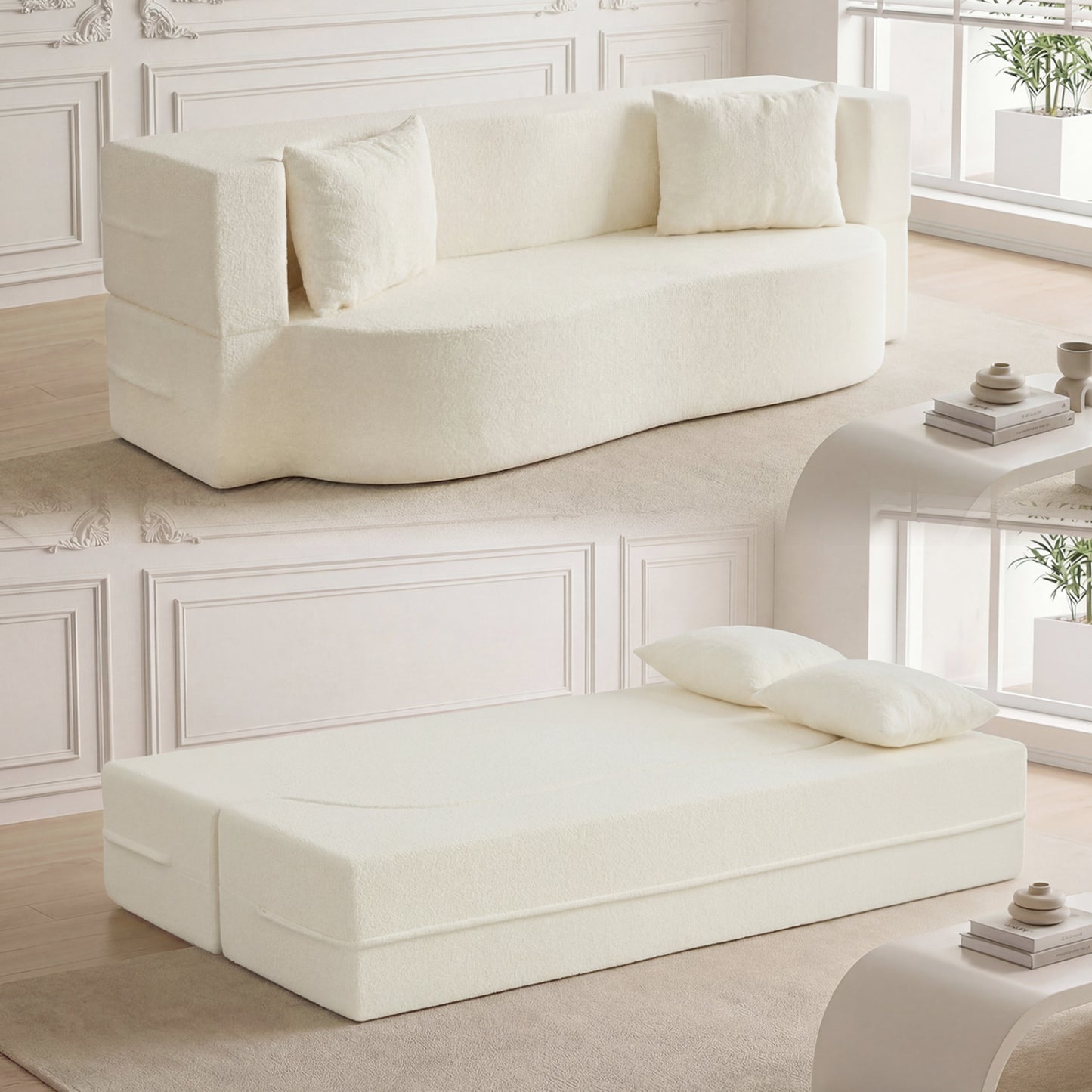 75.5 Inch Folding Sofa Bed, 2-in-1 Convertible Teddy Fleece Loveseat, Beige Sofas & Loveseats at Gallery Canada