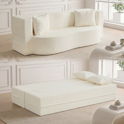 75.5 Inch Folding Sofa Bed, 2-in-1 Convertible Teddy Fleece Loveseat, Beige Sofas & Loveseats at Gallery Canada