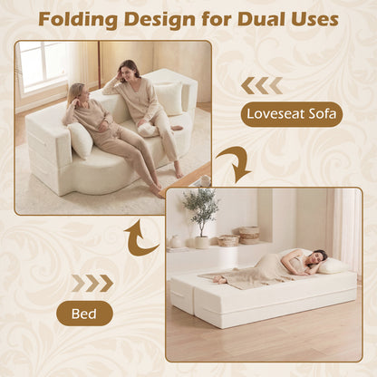 75.5 Inch Folding Sofa Bed, 2-in-1 Convertible Teddy Fleece Loveseat, Beige Sofas & Loveseats at Gallery Canada