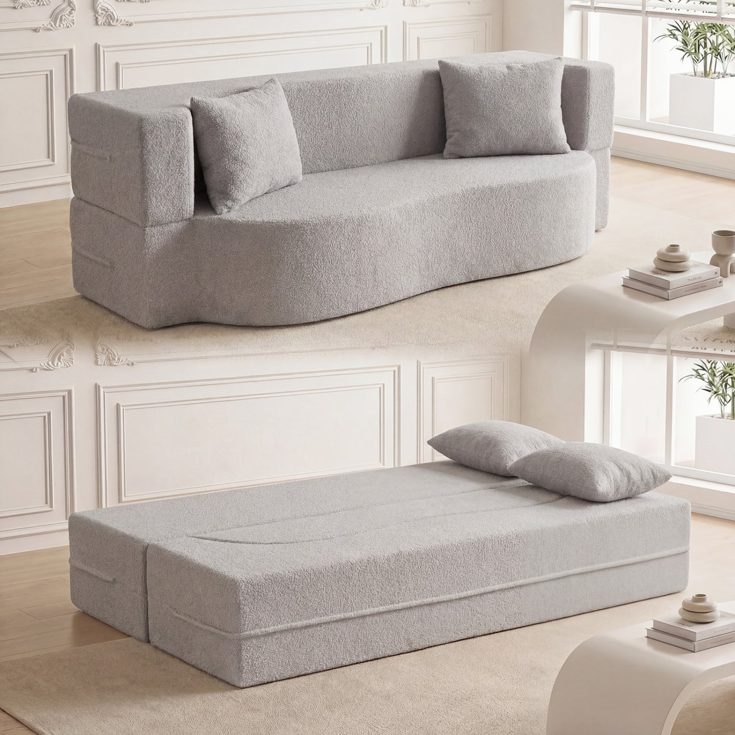 75.5 Inch Folding Sofa Bed, Convertible Teddy Fleece Loveseat, Gray Sofas & Loveseats at Gallery Canada
