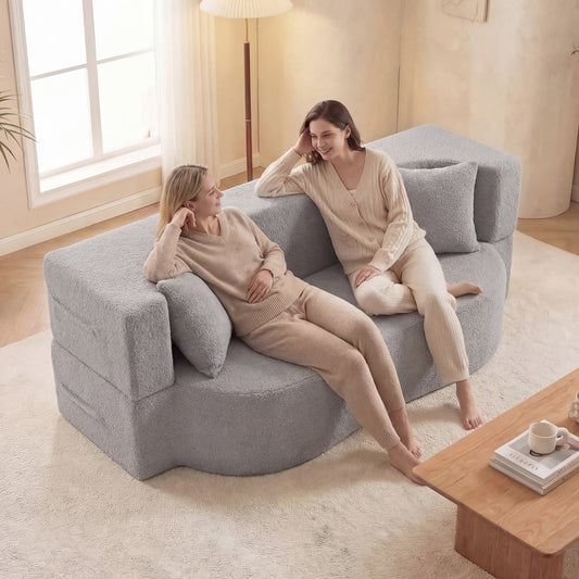 75.5 Inch Folding Sofa Bed, Convertible Teddy Fleece Loveseat, Gray Sofas & Loveseats Gray at Gallery Canada