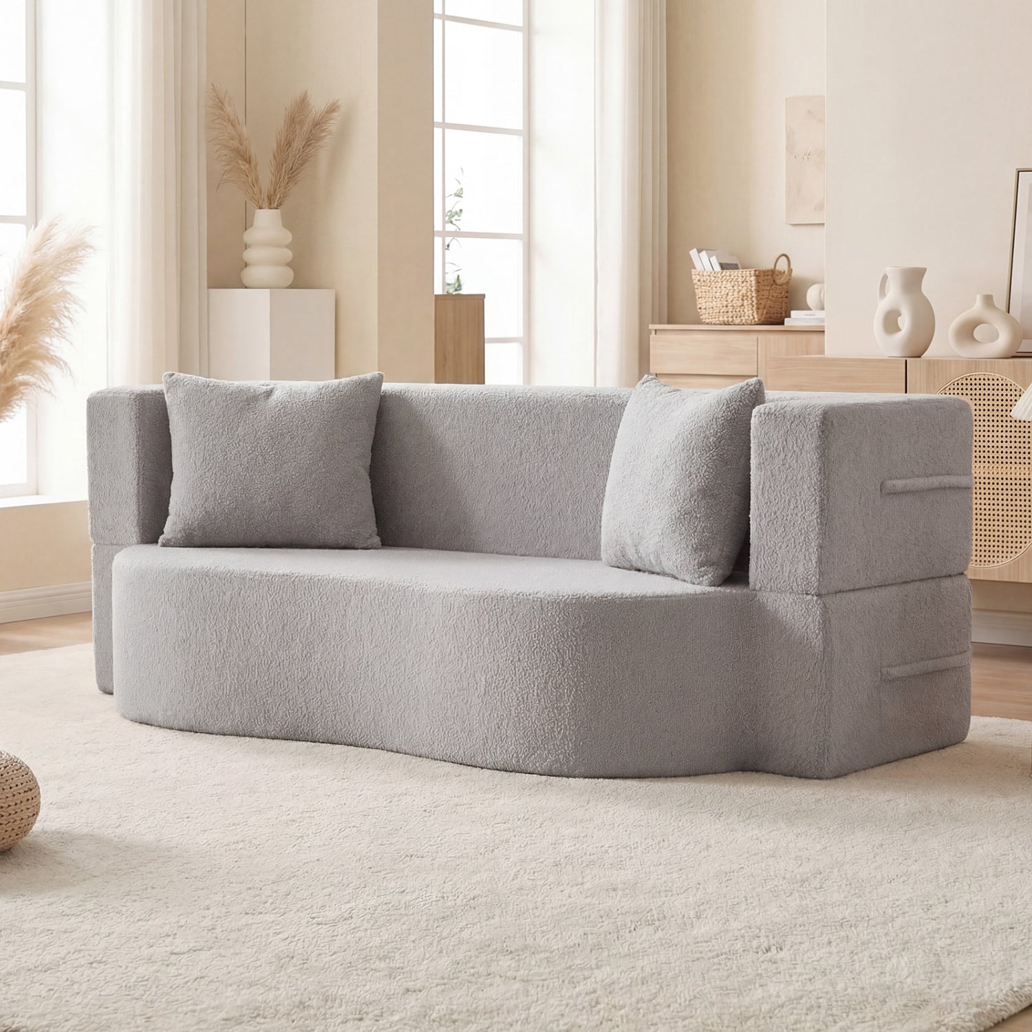 75.5 Inch Folding Sofa Bed, Convertible Teddy Fleece Loveseat, Gray Sofas & Loveseats at Gallery Canada