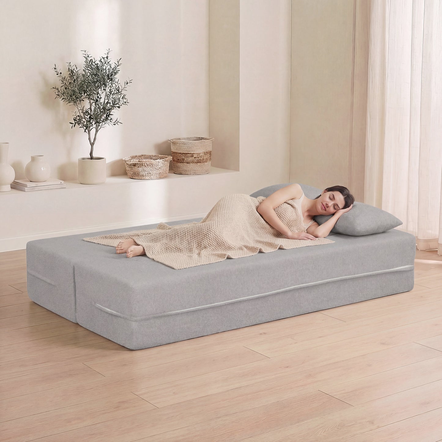 75.5 Inch Folding Sofa Bed, Convertible Teddy Fleece Loveseat, Gray Sofas & Loveseats at Gallery Canada
