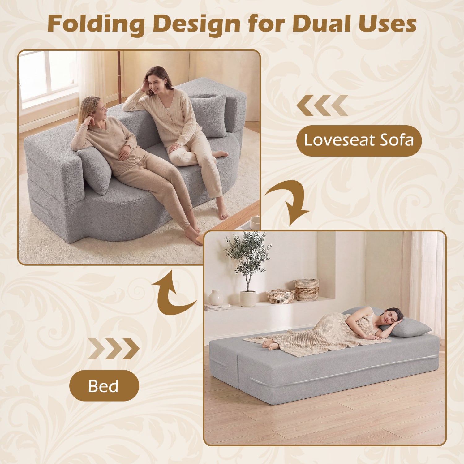 75.5 Inch Folding Sofa Bed, Convertible Teddy Fleece Loveseat, Gray Sofas & Loveseats at Gallery Canada