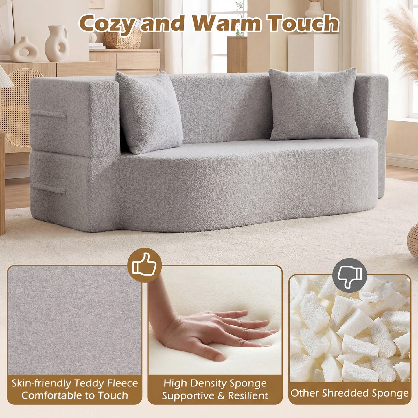 75.5 Inch Folding Sofa Bed, Convertible Teddy Fleece Loveseat, Gray Sofas & Loveseats at Gallery Canada